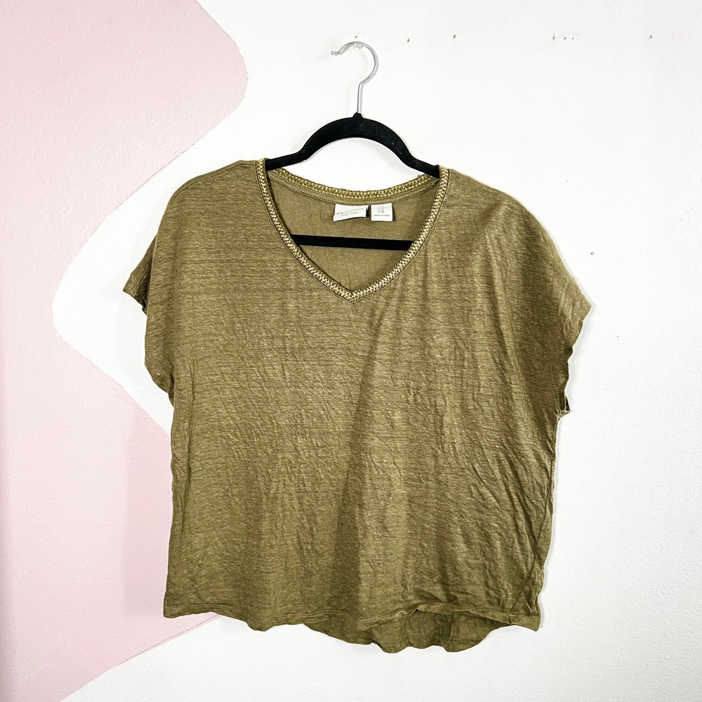 Rachel Zoe 100% Linen Top Womens Medium Olive Green Gold Chain Trim Beachy